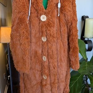 Cozy Brown Faux Fur Coat with Wooden Buttons